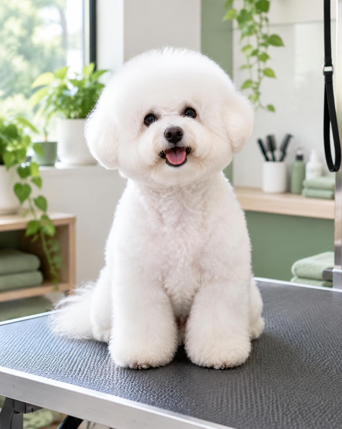 A relaxed freshly groomed white dog